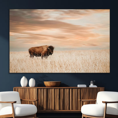 99699-MGV-CV-36X24-Bison in Prairie at Sunset – Wildlife Photography Print, American Buffalo Wall Art, Nature Landscape Canvas Decor for Office