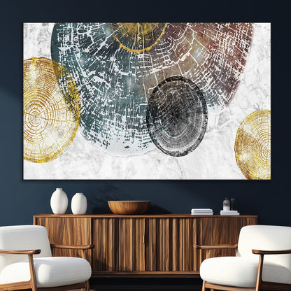 70653-SEG-FC-51X34_Oversize_Oversize-Abstract Tree Ring Wall Art – Modern Rustic Wood Slice Canvas Print with Gold Accents, Contemporary Nature Decor for Living Room,