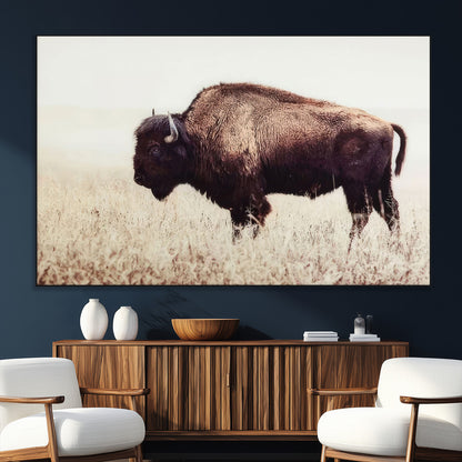 48406-MGV-CV-36X24-American Bison Wall Art – Rustic Buffalo Canvas Print in Prairie Field, Western Wildlife Photography Decor for Cabin, Lodge,