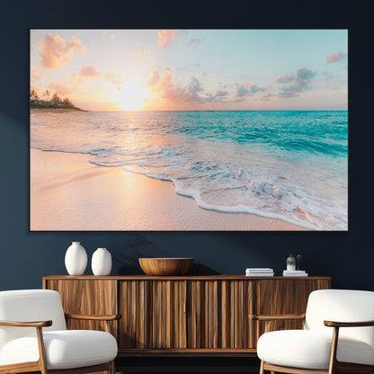 36554-MGV-CV-36X24-Tropical Beach Sunset Wall Art – Ocean Waves and Palm Canvas Print, Coastal Seascape Photography Decor for Living Room, Bedroom,