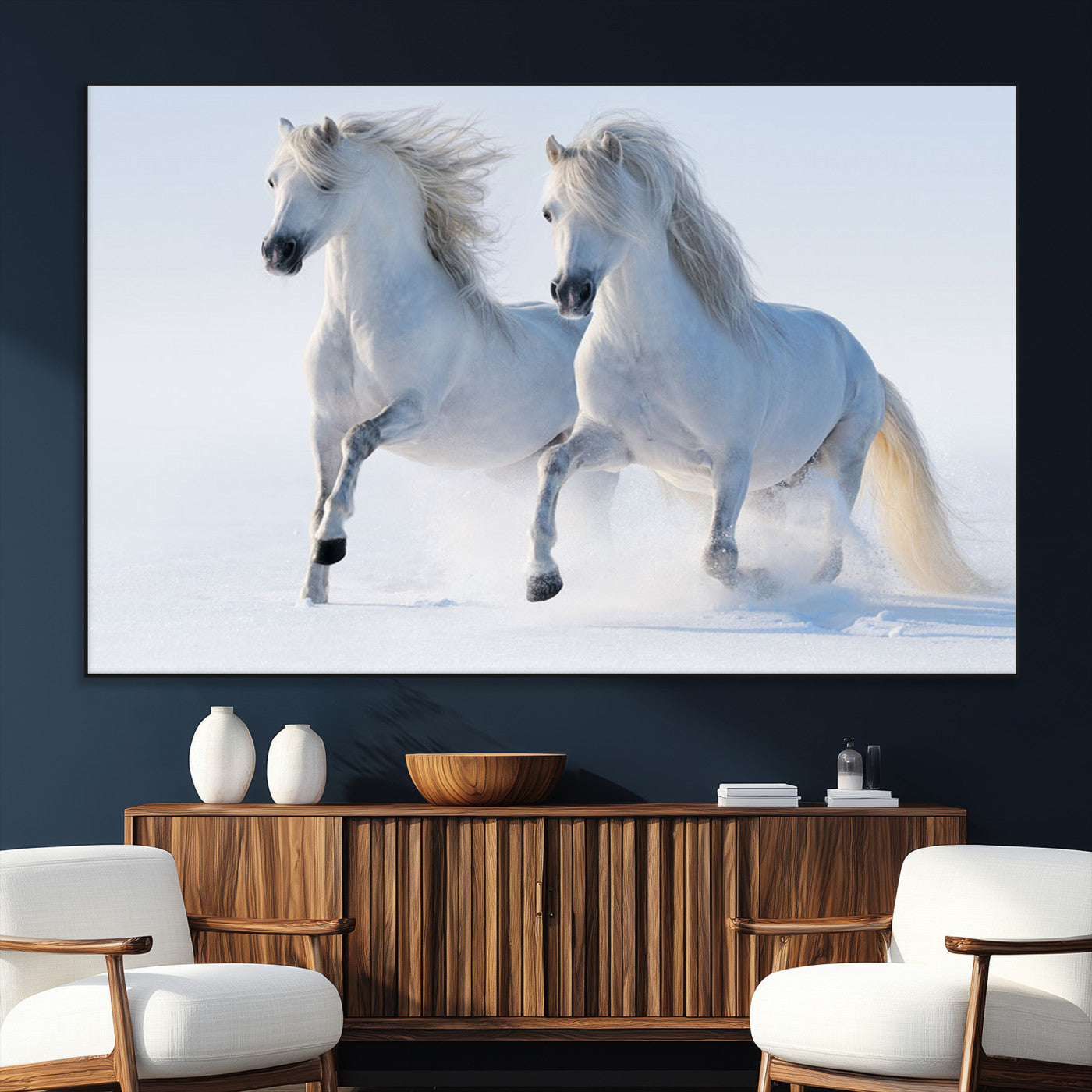 80145-MGV-CV-36X24-White Horses Running Snow Wall Art – Majestic Equine Canvas Print, Winter Nature Photography Decor for Living Room, Office,