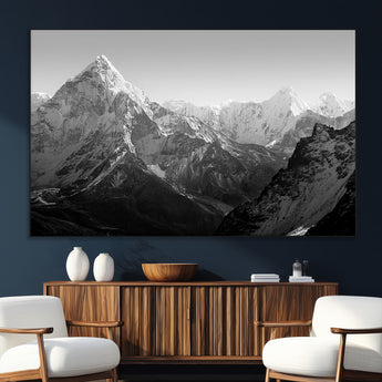 10775-MGV-CV-36X24-Snow Capped Mountain Wall Art – Black and White Canvas Print of Majestic Peaks, Nature Landscape Photography for Office, Bedroom,