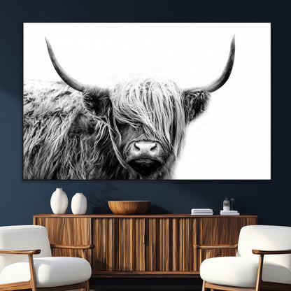 51957-MGV-CV-36X24-Highland Cow Wall Art – Black and White Scottish Highland Bull Canvas Print, Rustic Farmhouse Animal Decor for Living Room,