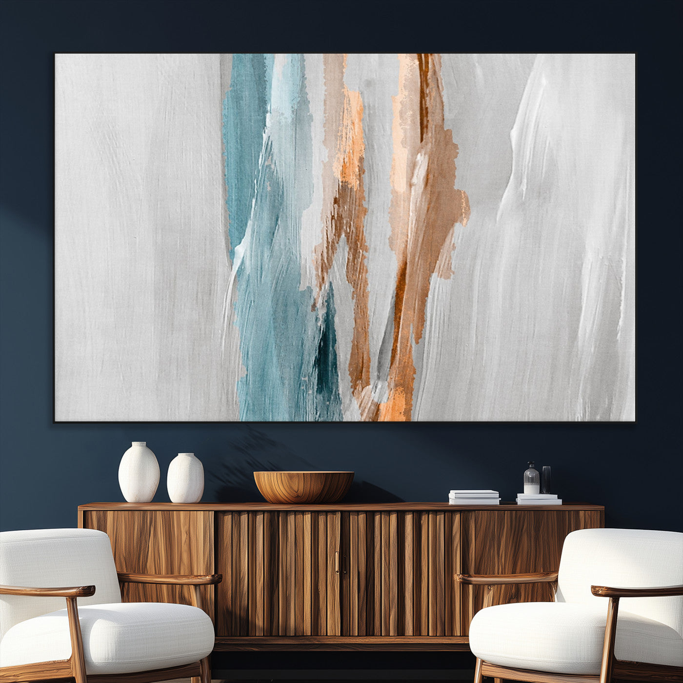 66154-MGV-CV-36X24-Abstract Brushstroke Wall Art – Modern Teal and Gold Canvas Print, Minimalist Contemporary Painting for Living Room, Bedroom, or