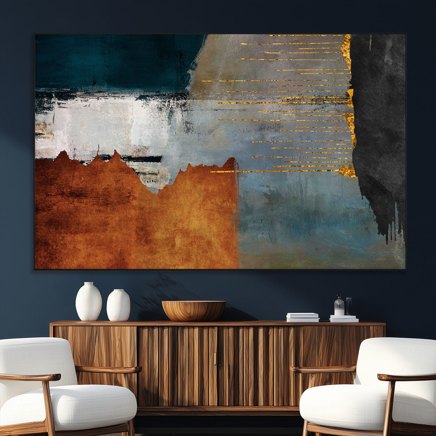 35026-SEG-FC-51X34_Oversize_Oversize-Abstract Canvas Wall Art – Modern Teal, Rust, Black and Gold Textured Painting, Contemporary Decor for Living Room, Bedroom or