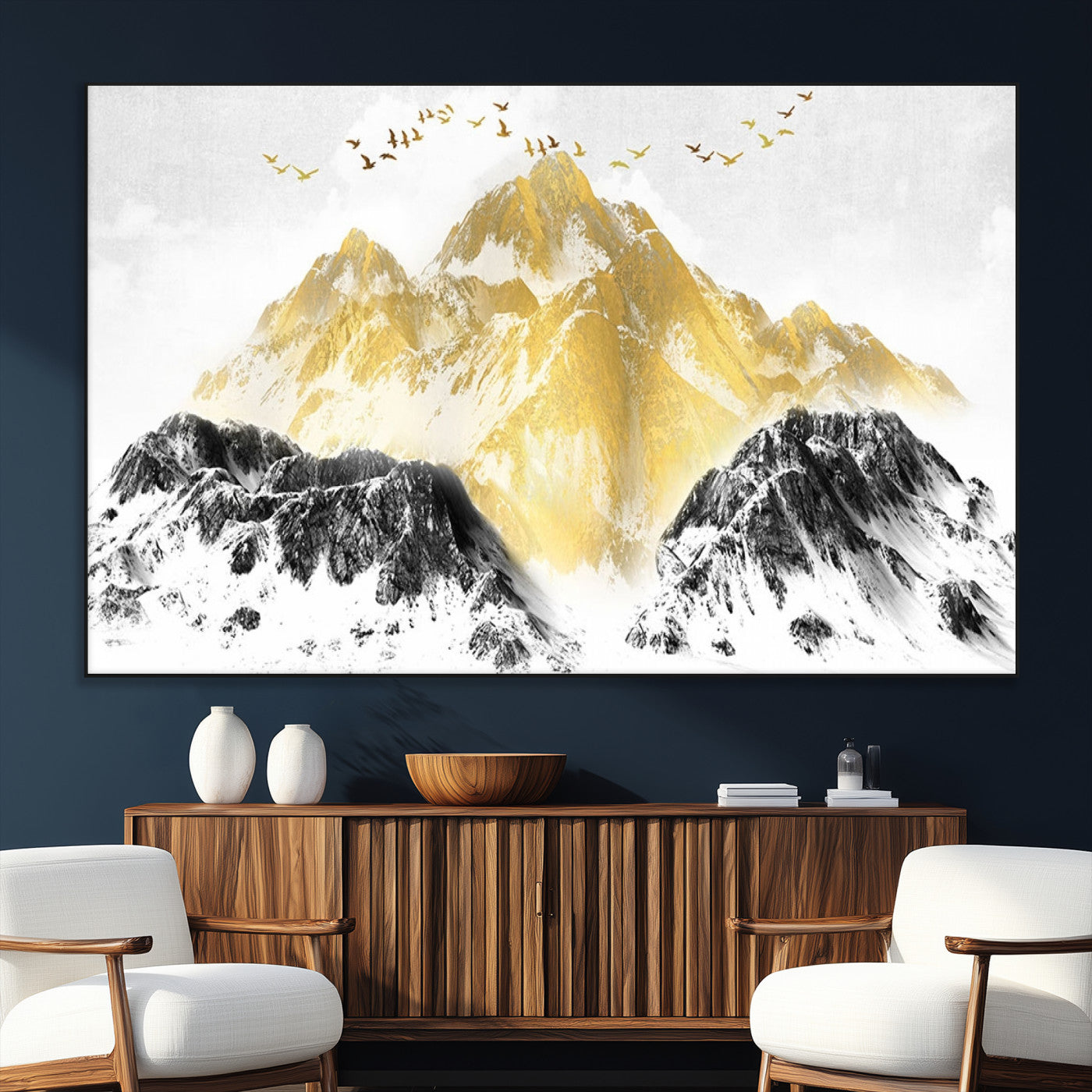 37733-MGV-CV-36X24-Golden Mountain Wall Art – Modern Abstract Landscape Canvas Print with Birds, Luxury Nature Decor for Living Room, Bedroom, or