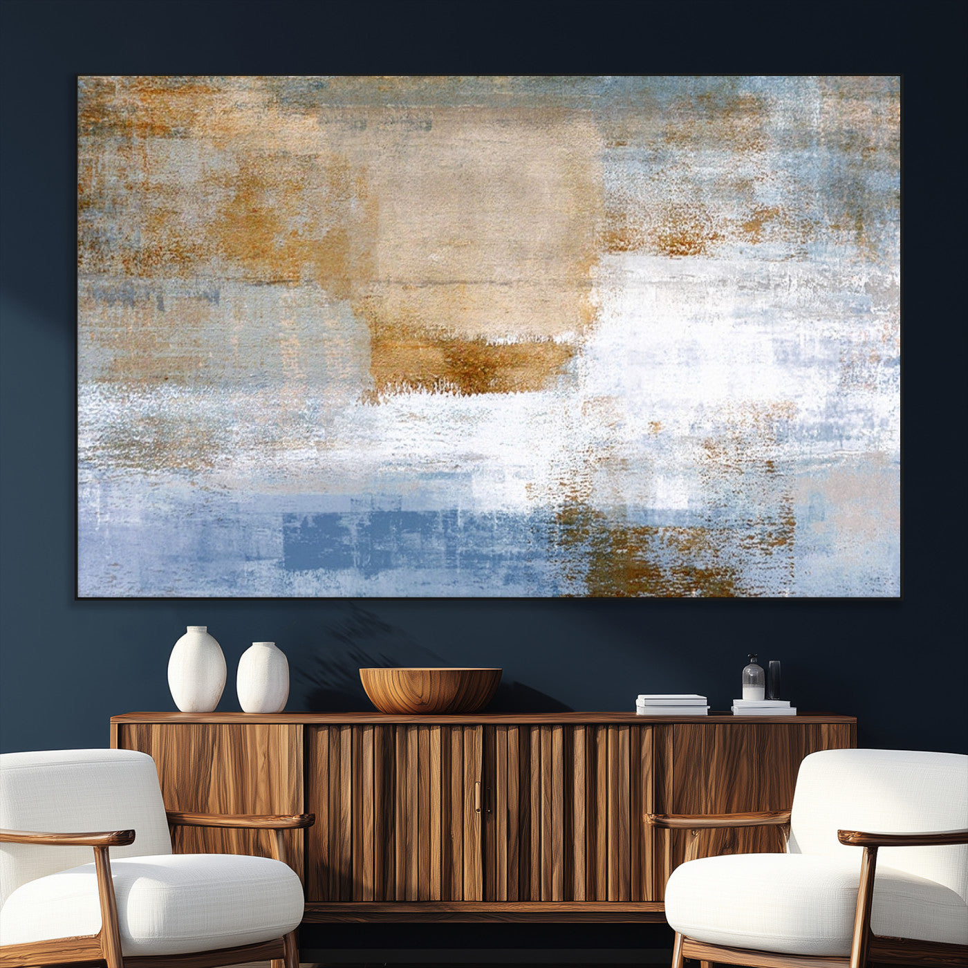 72354-MGV-CV-36X24-Blue and Gold Abstract Wall Art – Modern Minimalist Canvas Print, Textured Contemporary Painting for Living Room, Bedroom, or
