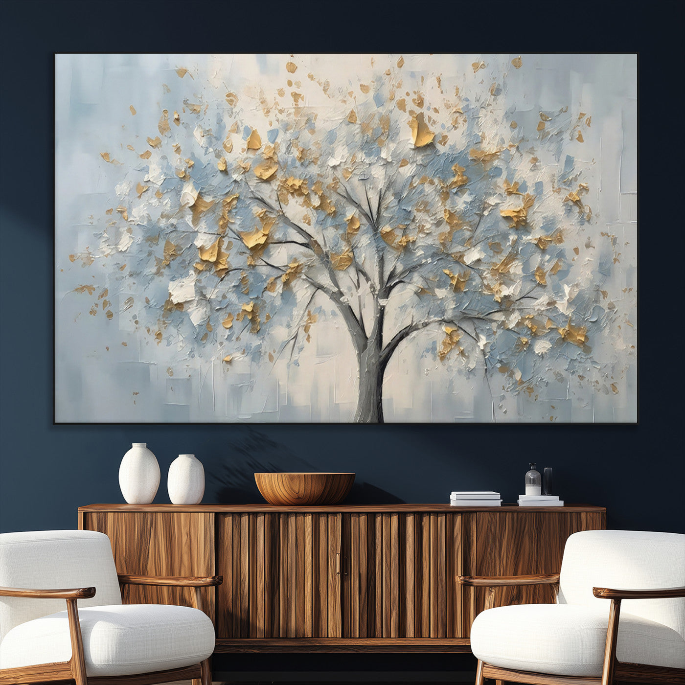65811-MGV-CV-36X24-Abstract Tree Wall Art – Textured Canvas Painting with Gold and White Leaves, Modern Nature Inspired Decor for Living Room or
