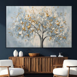 65811-MGV-CV-36X24-Abstract Tree Wall Art – Textured Canvas Painting with Gold and White Leaves, Modern Nature Inspired Decor for Living Room or