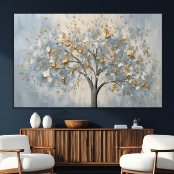 65811-MGV-CV-36X24-Abstract Tree Wall Art – Textured Canvas Painting with Gold and White Leaves, Modern Nature Inspired Decor for Living Room or