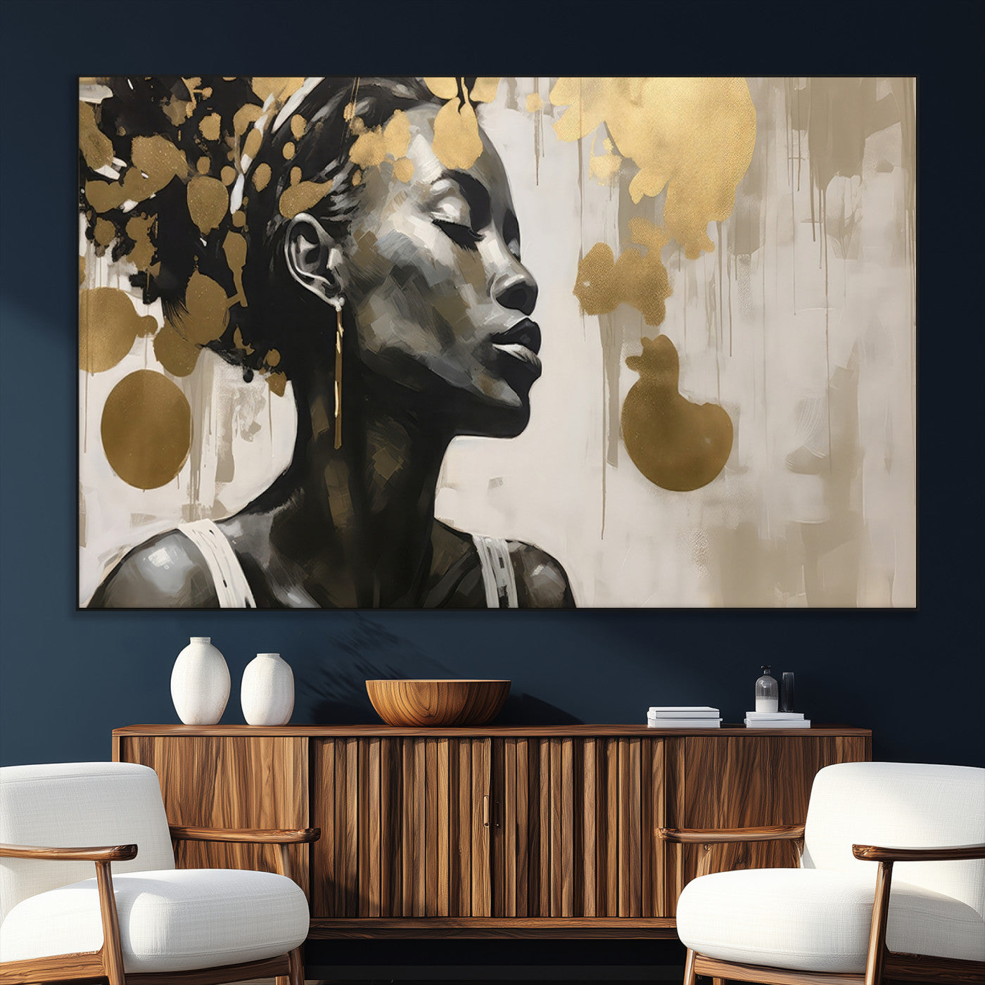 65669-MGV-CV-36X24-Elegant Black Woman Wall Art – Modern Abstract Portrait Canvas with Gold Accents, Contemporary Afrocentric Decor for Living Room