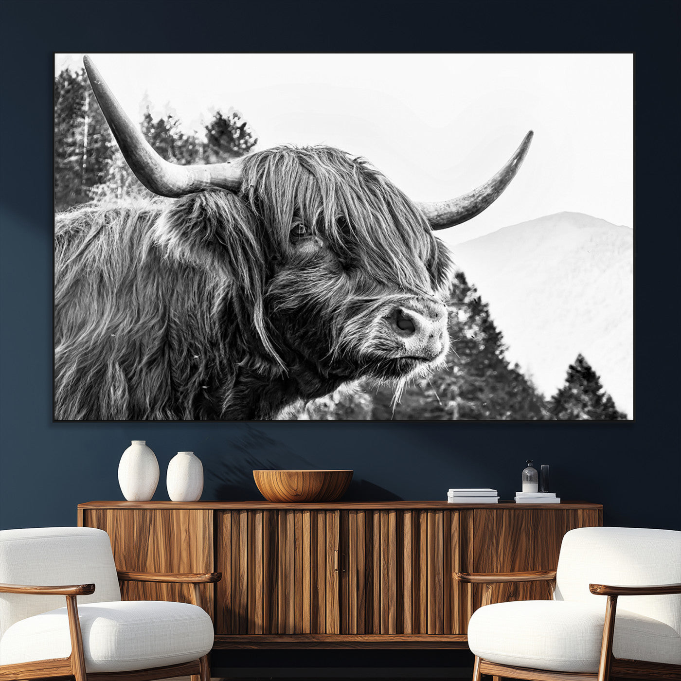 61570-MGV-CV-36X24-Highland Cow Wall Art – Black and White Scottish Bull Canvas Print, Rustic Farmhouse Animal Decor for Living Room, Bedroom, or
