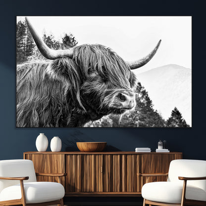 61570-MGV-CV-36X24-Highland Cow Wall Art – Black and White Scottish Bull Canvas Print, Rustic Farmhouse Animal Decor for Living Room, Bedroom, or