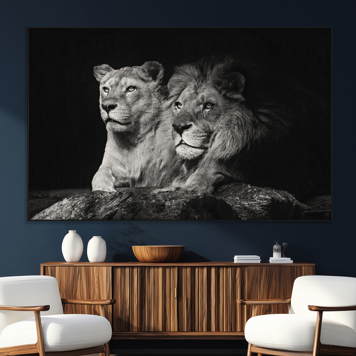 80013-MGV-CV-36X24-Lion and Lioness Wall Art – Black and White Wildlife Photography Canvas Print, African Safari Animal Decor for Office, Bedroom