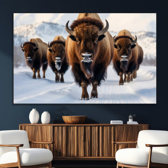 56701-SEG-FC-51X34_Oversize_Oversize-Bison Herd Wall Art – Buffalo Walking in Snowy Mountains Canvas Print, Rustic Wildlife Decor for Cabin, Lodge, or Living Room