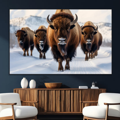 56701-SEG-FC-51X34_Oversize_Oversize-Bison Herd Wall Art – Buffalo Walking in Snowy Mountains Canvas Print, Rustic Wildlife Decor for Cabin, Lodge, or Living Room
