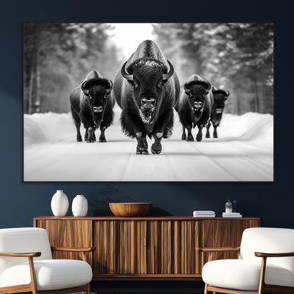 45287-SEG-FC-51X34_Oversize_Oversize-Bison Herd Wall Art – Black and White Buffalo Snow Road Canvas Print, Rustic Wildlife Decor for Cabin, Lodge or Living Room