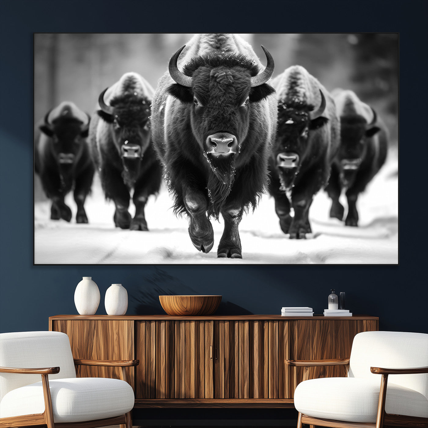 79872-SEG-FC-51X34_Oversize_Oversize-Bison Herd Wall Art – Black and White Buffalo on Snow Canvas Print, Rustic Wildlife Decor for Lodge, Cabin, or Living Room