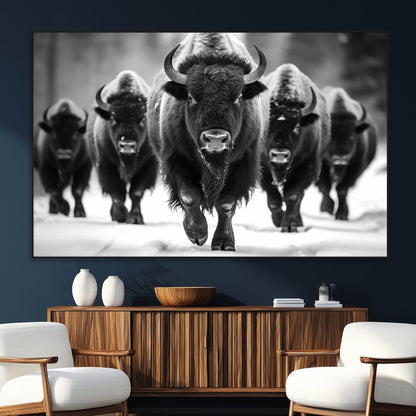 79872-SEG-FC-51X34_Oversize_Oversize-Bison Herd Wall Art – Black and White Buffalo on Snow Canvas Print, Rustic Wildlife Decor for Lodge, Cabin, or Living Room