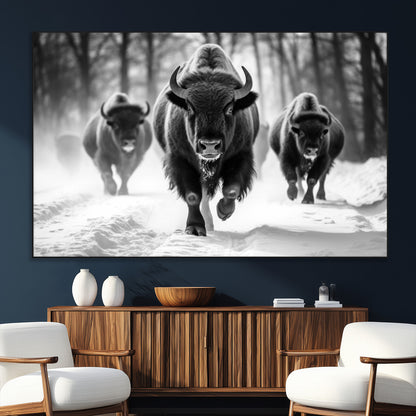 97552-SEG-FC-51X34_Oversize_Oversize-Black and White Bison Wall Art – Buffalo Herd Running in Snow Canvas Print, Rustic Wildlife Photography Decor for Cabin, Lodge, or