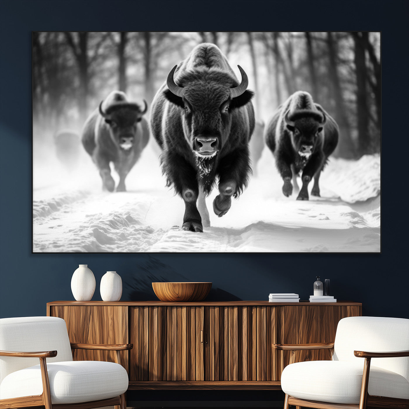 97552-MGV-CV-36X24-Black and White Bison Wall Art – Buffalo Herd Running in Snow Canvas Print, Rustic Wildlife Photography Decor for Cabin, Lodge, or