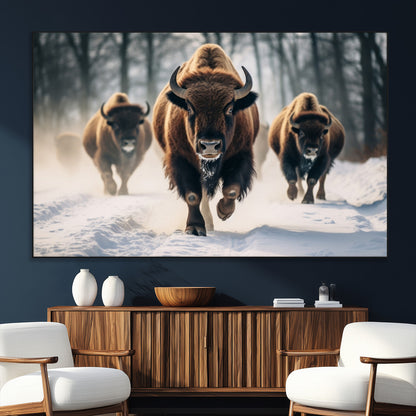 56549-MGV-CV-36X24-Wild Bison Wall Art – Majestic Buffalo Herd Running in Snow Canvas Print, Rustic Wildlife Photography Decor for Cabin, Lodge, or