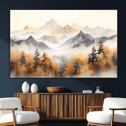 70049-MGV-CV-36X24-Autumn Mountain Forest Wall Art – Misty Landscape Canvas Print, Rustic Nature Inspired Decor for Living Room, Bedroom or Office