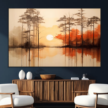 51083-SEG-FC-51X34_Oversize_Oversize-Sunset Lake Forest Wall Art – Serene Trees and Orange Sky Reflection Canvas Print, Tranquil Nature Decor for Living Room, Office