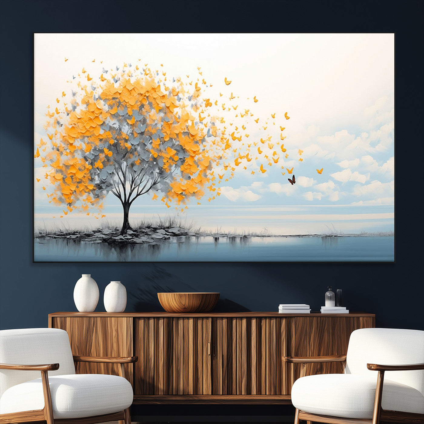 23385-SEG-FC-51X34_Oversize_Oversize-Golden Butterfly Tree Wall Art – Abstract Yellow and Gray Canvas Print, Modern Nature Artwork for Living Room, Bedroom or Office