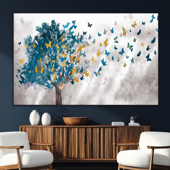 37564-SEG-FC-51X34_Oversize_Oversize-Butterfly Tree Wall Art – Modern Nature Canvas Print with Blue and Golden Butterflies, Elegant Decorative Painting for Living Room