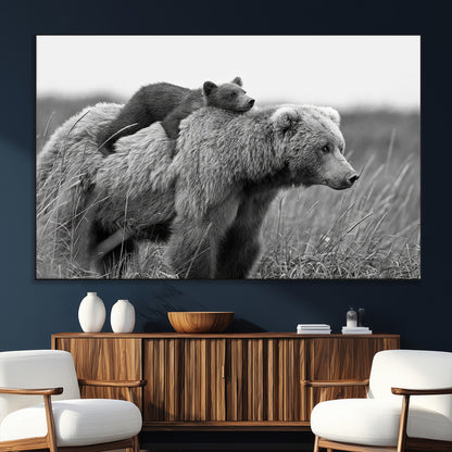 76338-SEG-FC-51X34_Oversize_Oversize-Mother Bear and Cub Wall Art – Black and White Wildlife Canvas Print, Rustic Nature Photography for Cabin, Living Room or Office