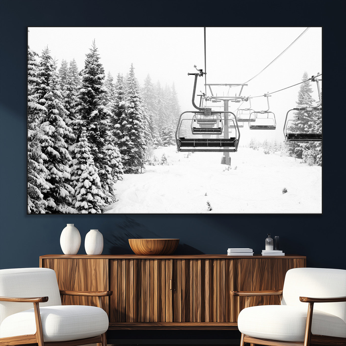 70609-SEG-FC-51X34_Oversize_Oversize-Snowy Ski Lift Wall Art – Black and White Winter Mountain Landscape Canvas Print, Rustic Lodge Decor for Cabin, Living Room or