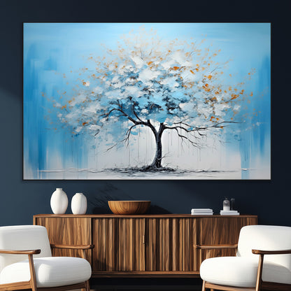 25021-SEG-FC-51X34_Oversize_Oversize-Abstract Tree Wall Art – Blue and White Canvas Painting with Gold Accents, Modern Nature-Inspired Artwork for Living Room, Bedroom