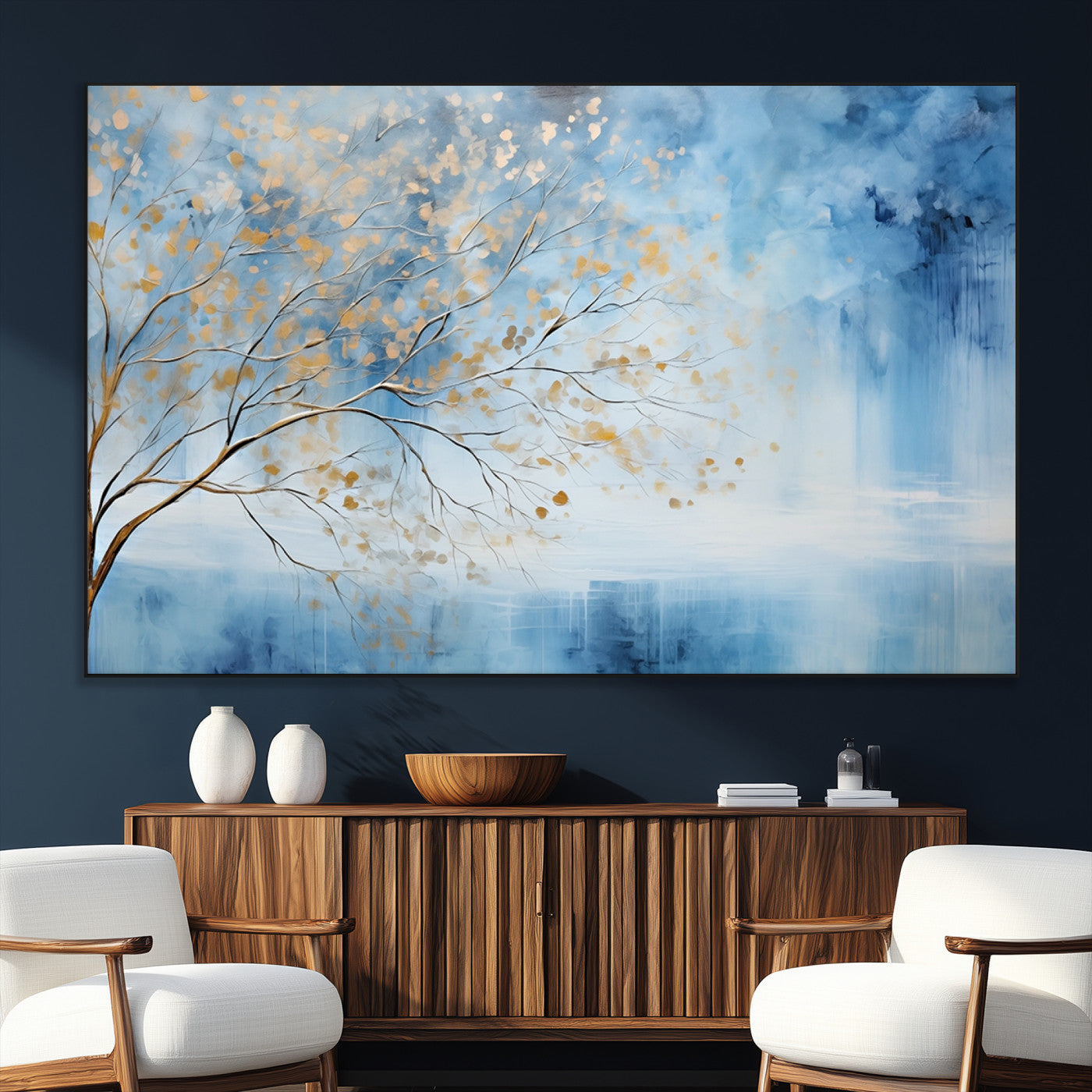 23891-SEG-FC-51X34_Oversize_Oversize-Abstract Tree Wall Art – Minimalist Blue and Gold Canvas Painting, Elegant Nature-Inspired Artwork for Living Room, Bedroom or