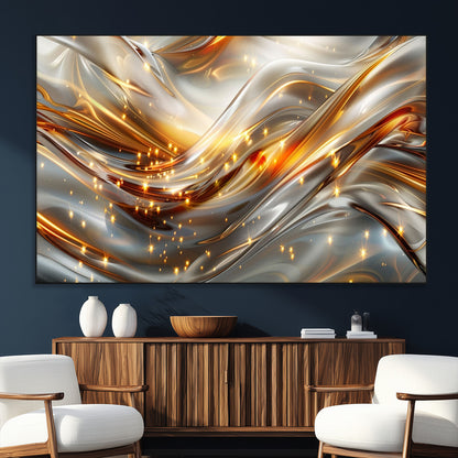 Lines1-MGV-CV-36X24-Abstract Metallic Wall Art – Silver and Gold Wave Canvas Print with Sparkling Accents, Modern Luxury Decor for Living Room, Office