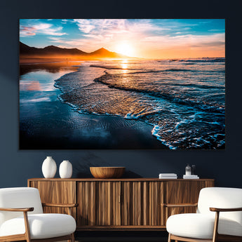 26494-MGV-CV-36X24-Ocean Sunset Wall Art – Scenic Beach Canvas Print with Waves and Mountains, Coastal Seascape Photography for Living Room, Bedroom