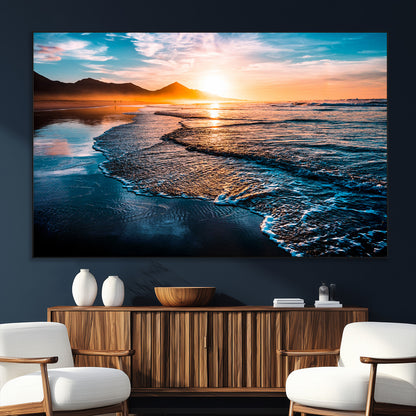 26494-MGV-CV-36X24-Ocean Sunset Wall Art – Scenic Beach Canvas Print with Waves and Mountains, Coastal Seascape Photography for Living Room, Bedroom