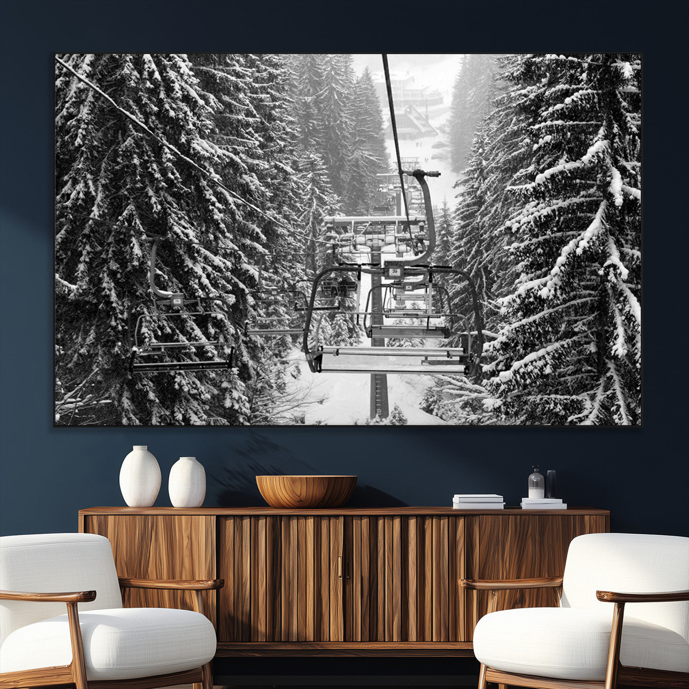 19240-SEG-FC-51X34_Oversize_Oversize-Ski Lift Wall Art – Black and White Winter Mountain Canvas Print, Snowy Forest Ski Resort Photography for Cabin, Lodge, Office or