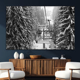 19240-SEG-FC-51X34_Oversize_Oversize-Ski Lift Wall Art – Black and White Winter Mountain Canvas Print, Snowy Forest Ski Resort Photography for Cabin, Lodge, Office or