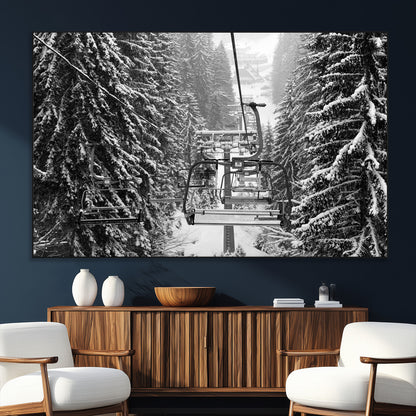 19240-SEG-FC-51X34_Oversize_Oversize-Ski Lift Wall Art – Black and White Winter Mountain Canvas Print, Snowy Forest Ski Resort Photography for Cabin, Lodge, Office or