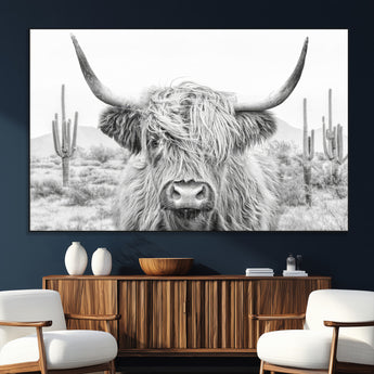 94579-SEG-FC-51X34_Oversize_Oversize-Highland Cow Wall Art – Black and White Longhorn Canvas Print, Rustic Western Farmhouse Animal Photography for Living Room,