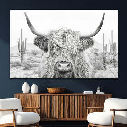 94579-SEG-FC-51X34_Oversize_Oversize-Highland Cow Wall Art – Black and White Longhorn Canvas Print, Rustic Western Farmhouse Animal Photography for Living Room,