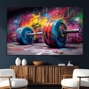 13549-MGV-CV-36X24-Graffiti Gym Wall Art Canvas Print, Framed Graffiti Barbell Art Picture Print, Weightlifting Perfect Fitness Studio Decor Artwork