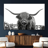 58188-SEG-FC-51X34_Oversize_Oversize-Highland Cow Wall Art – Black and White Rustic Farmhouse Canvas Print, Longhorn Cattle Photography Decor for Living Room or