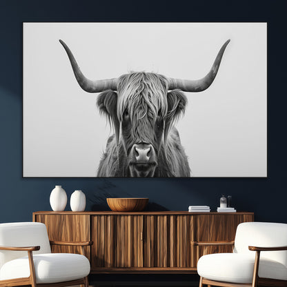 35820-SEG-FC-51X34_Oversize_Oversize-Minimalist Highland Cow Wall Art – Black and White Longhorn Cattle Canvas Print, Modern Farmhouse Animal Photography Decor for