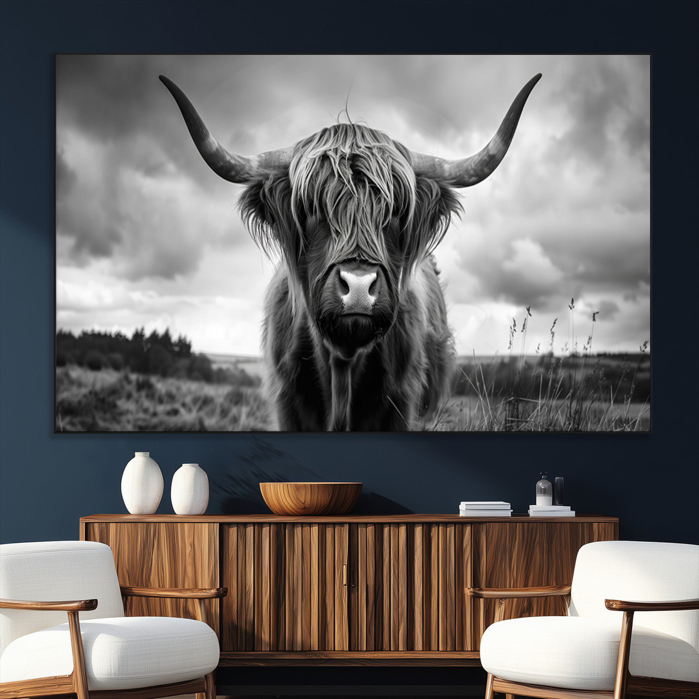 17924-SEG-FC-51X34_Oversize_Oversize-Highland Cow Wall Art – Black and White Rustic Longhorn Cattle Canvas Print, Farmhouse Animal Photography Decor for Country Home