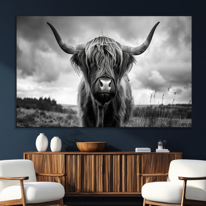 17924-SEG-FC-51X34_Oversize_Oversize-Highland Cow Wall Art – Black and White Rustic Longhorn Cattle Canvas Print, Farmhouse Animal Photography Decor for Country Home