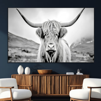80564-SEG-FC-51X34_Oversize_Oversize-Highland Cow Wall Art – Black and White Scottish Highland Canvas Print, Rustic Farmhouse Decor for Living Room, Bedroom or Office