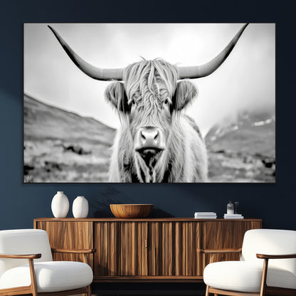 80564-SEG-FC-51X34_Oversize_Oversize-Highland Cow Wall Art – Black and White Scottish Highland Canvas Print, Rustic Farmhouse Decor for Living Room, Bedroom or Office