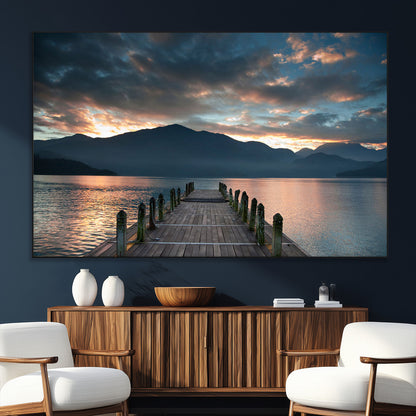20442-SEG-FC-51X34_Oversize_Oversize-Lakeside Sunset Dock Wall Art – Peaceful Mountain Lake Canvas Print, Serene Nature Landscape Decor for Living Room, Bedroom or